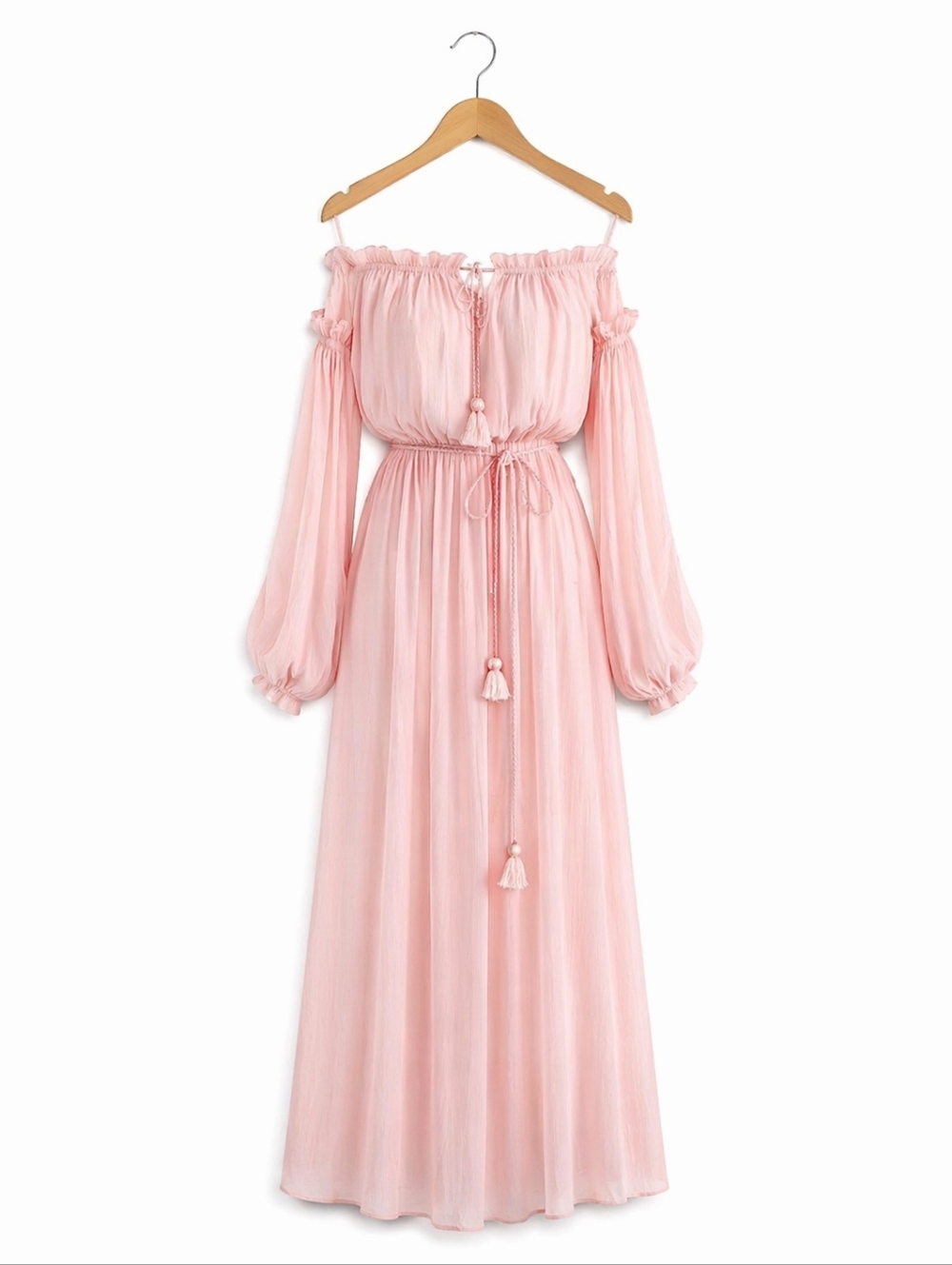 Off-Shoulder Blush Pink Maxi Dress with Tassel Waist